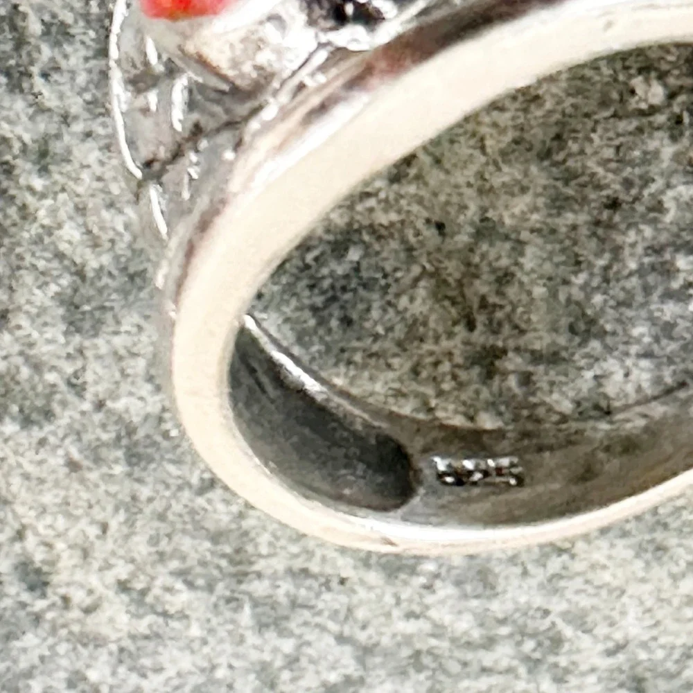 Sterling‎ Silver Red Coral Ring Statement Band Textured Boho Jewelry 925 Sz 6